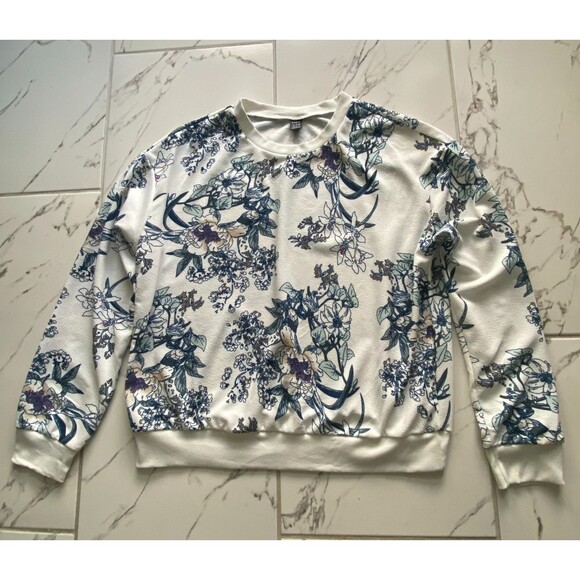 SHEIN Tops - SHEIN Womens XL White Blue All Over Floral Print Crewneck Sweatshirt Pullover
